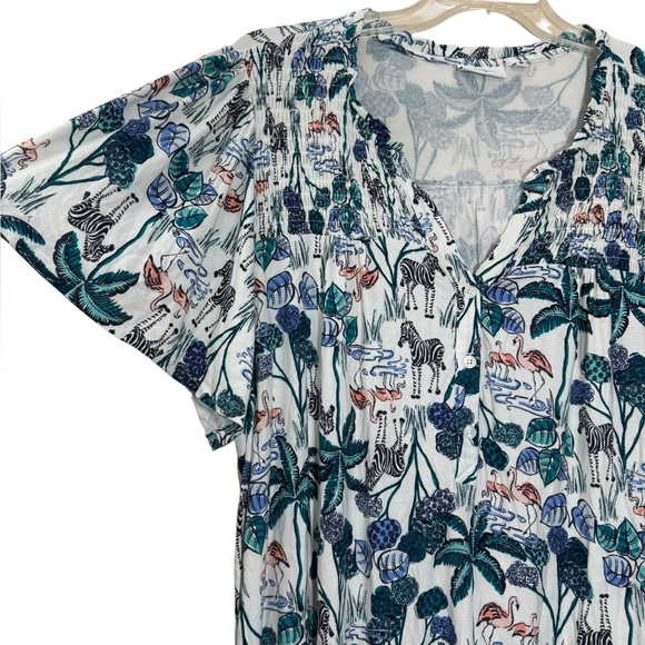 💥2/$15 Kim Rogers zebra flamingo palm tree short sleeve smocked yoke top size 2X - Picture 2 of 8